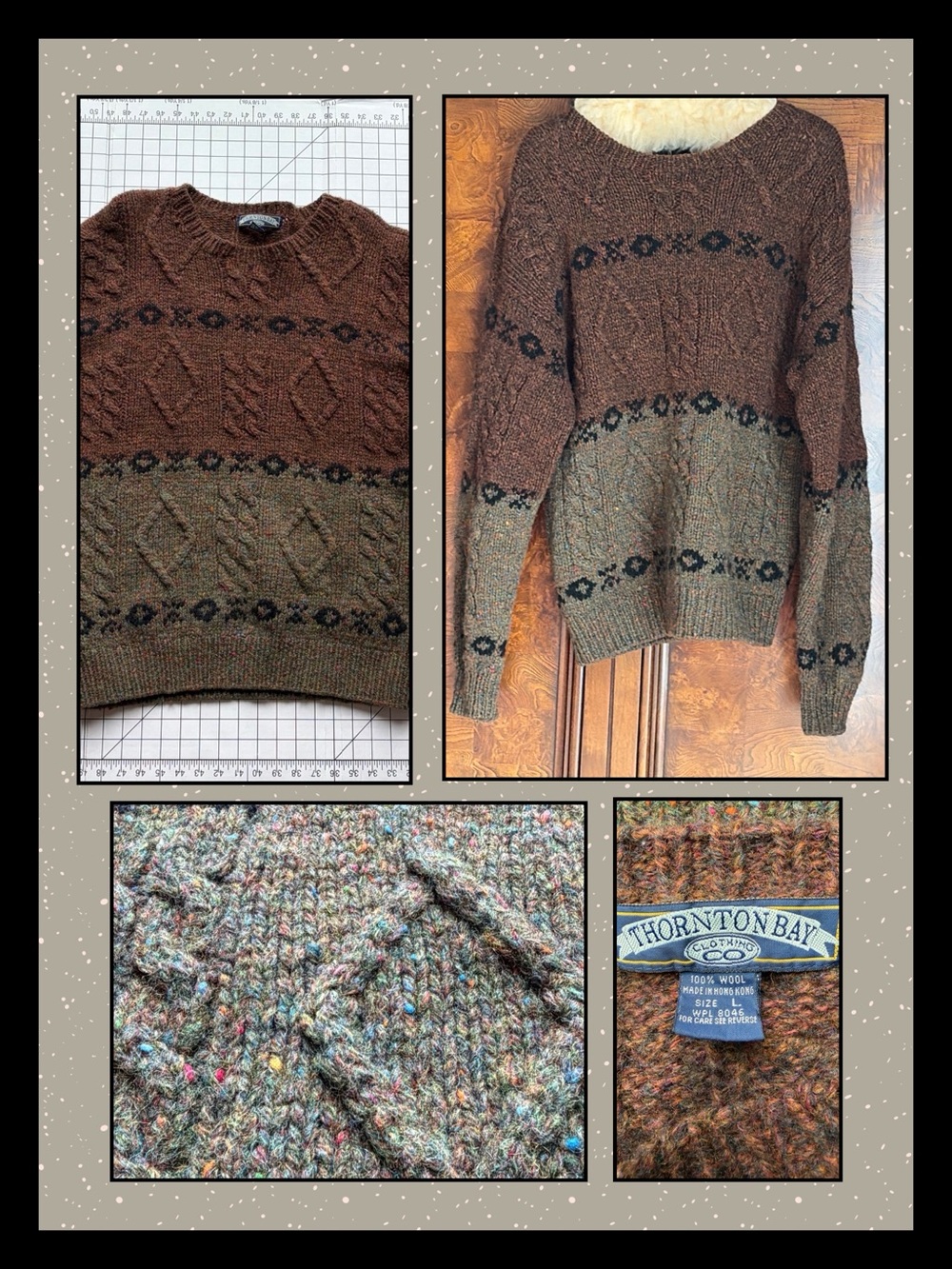 Vtg Thornton Bay 100% Wool Chunky Tweed Cable Knit Grandpa Sweater Men L